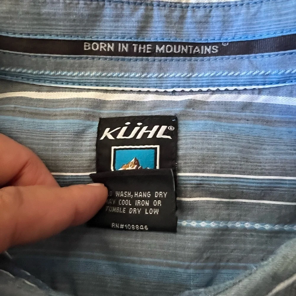 Kuhl Suncel Blue Striped Button Down Cotton Blend Shirt Mens Medium Short Sleeve